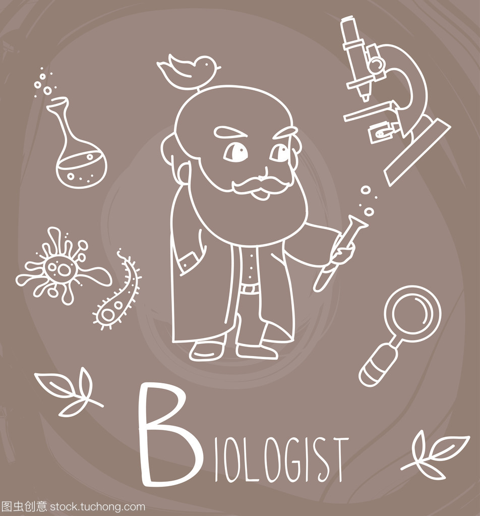一整套可爱涂鸦图标和老人-生物学家